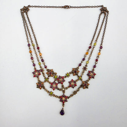 15.5" Maroon/Purple/Clear Rhinestone Floral Bib Necklace