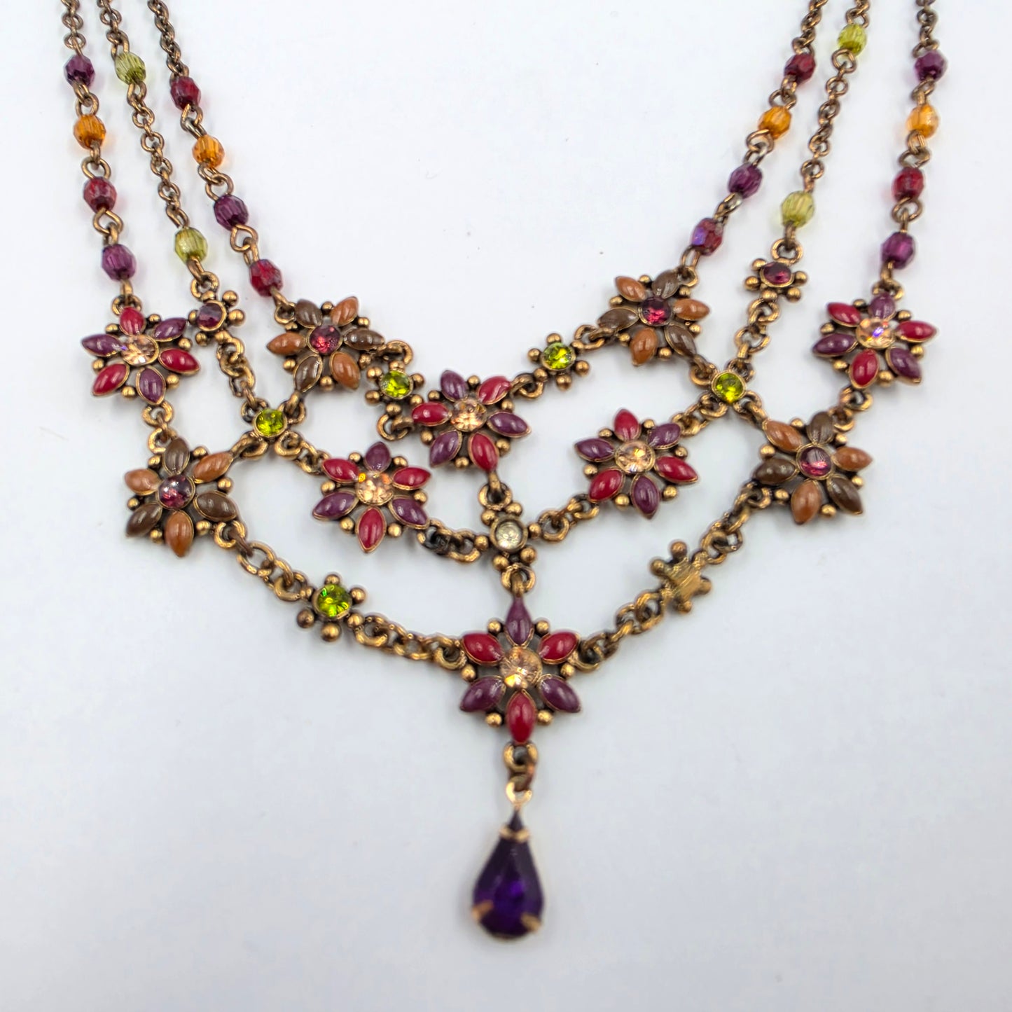 15.5" Maroon/Purple/Clear Rhinestone Floral Bib Necklace