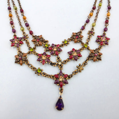 15.5" Maroon/Purple/Clear Rhinestone Floral Bib Necklace