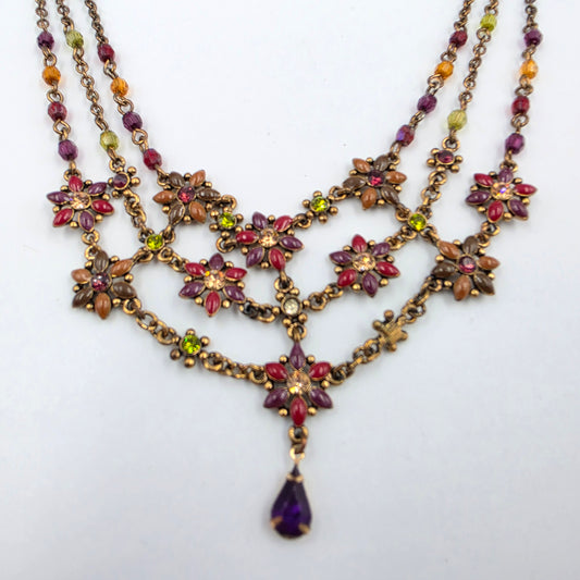15.5" Maroon/Purple/Clear Rhinestone Floral Bib Necklace