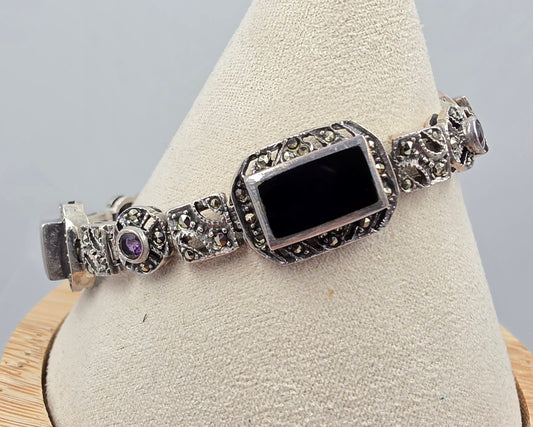 Sterling Silver/Amethyst/Black Onyx Inlay/Marcasite Vintage FAS Bracelet