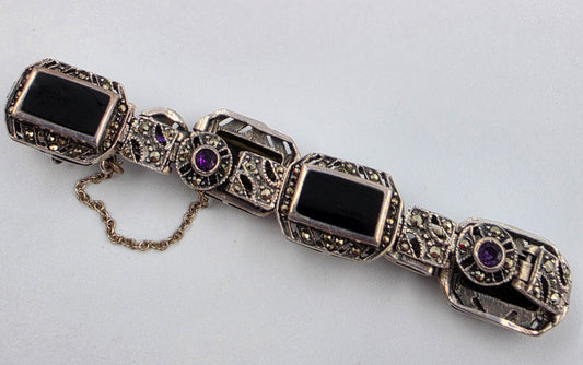 Sterling Silver/Amethyst/Black Onyx Inlay/Marcasite Vintage FAS Bracelet