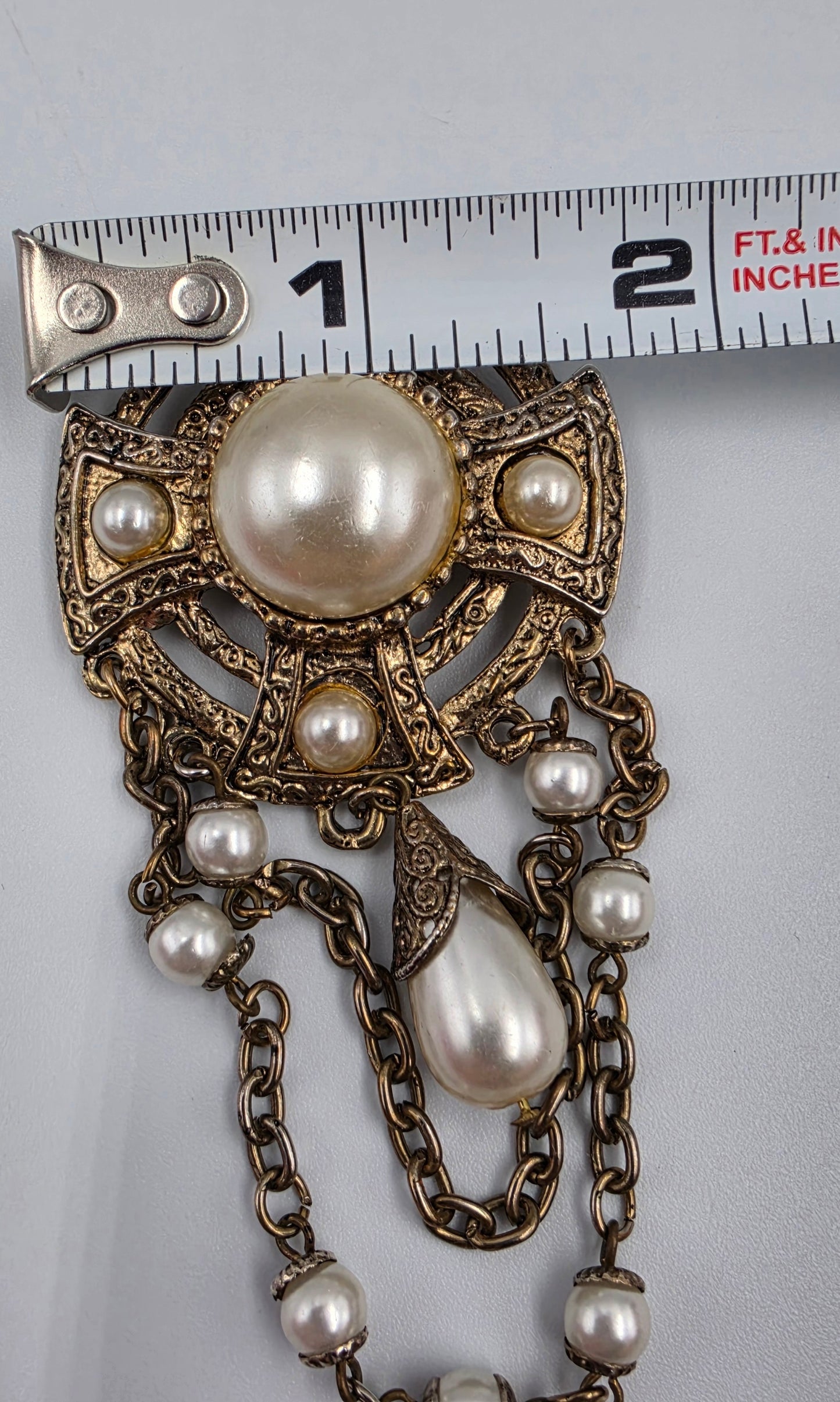 Vintage 1950's Antiqued Gold Tone/Faux Pearl Double Chain Charm Brooch