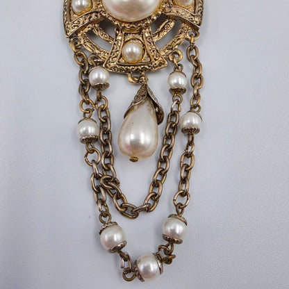 Vintage 1950's Antiqued Gold Tone/Faux Pearl Double Chain Charm Brooch