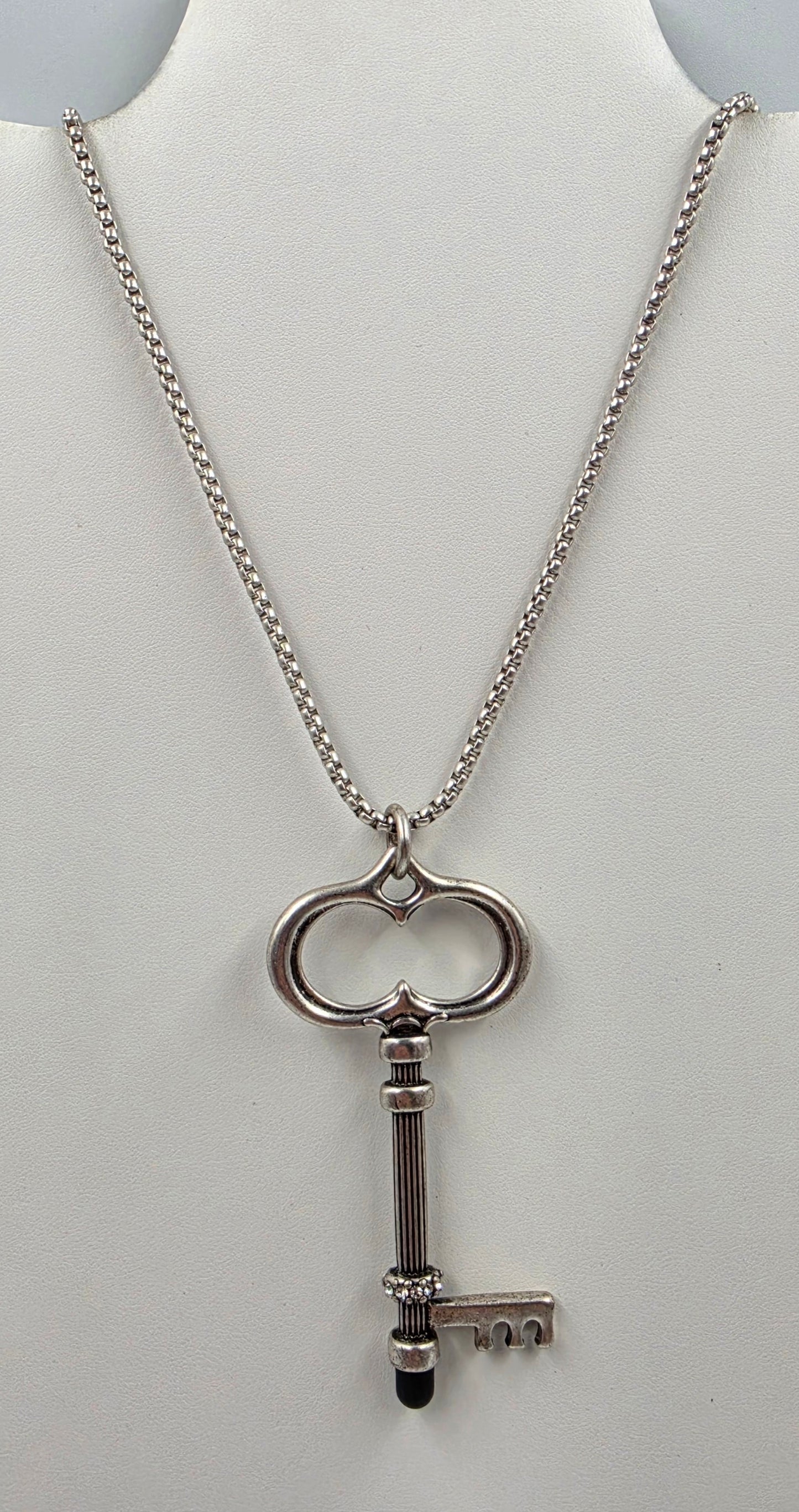 CHICOS Silver Tone 34"-38" Adjustable Clear Rhinestone/Key Necklace