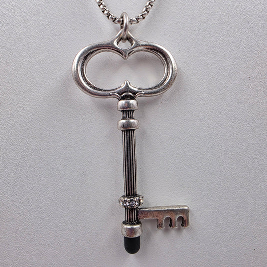 CHICOS Silver Tone 34"-38" Adjustable Clear Rhinestone/Key Necklace