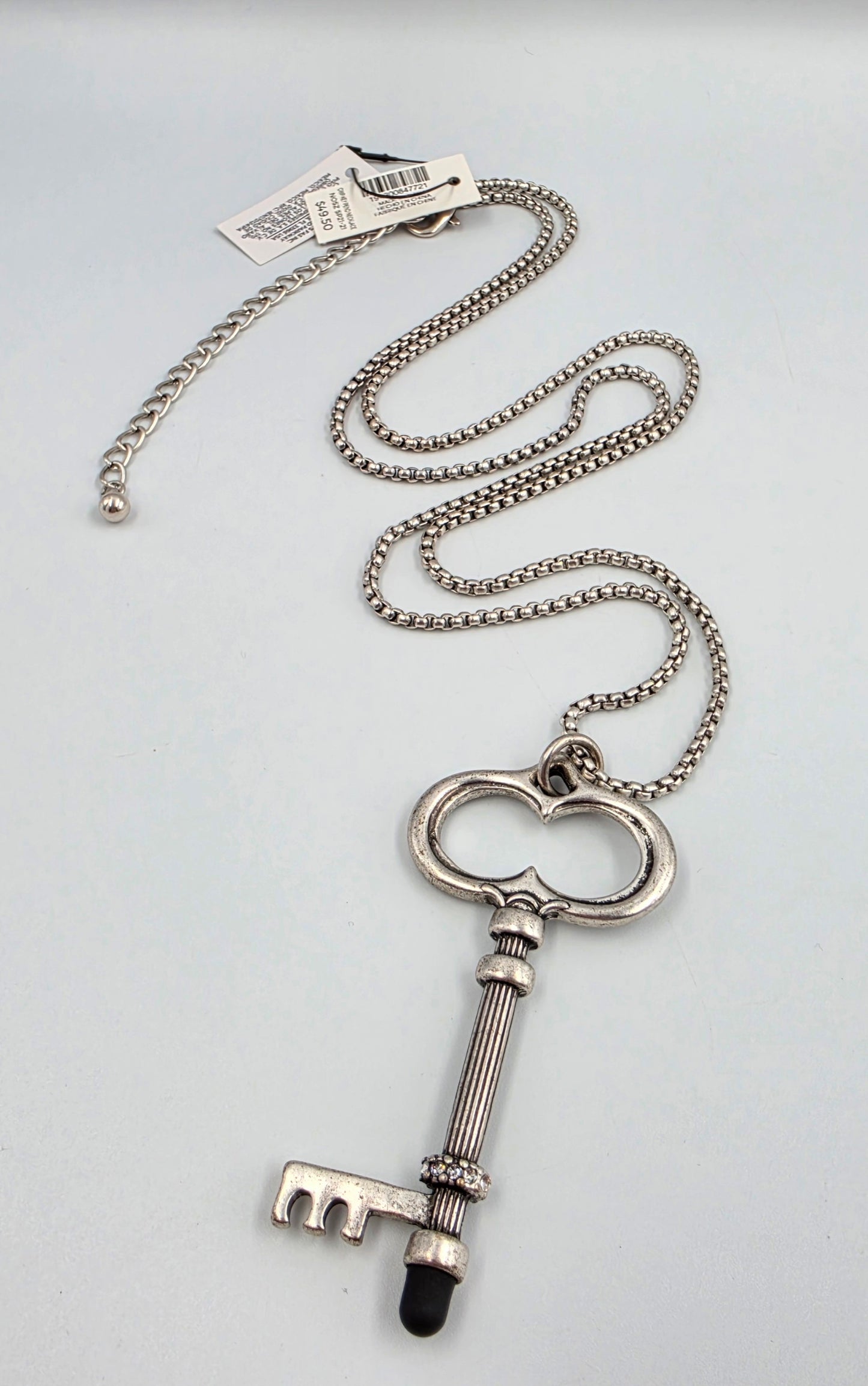 CHICOS Silver Tone 34"-38" Adjustable Clear Rhinestone/Key Necklace
