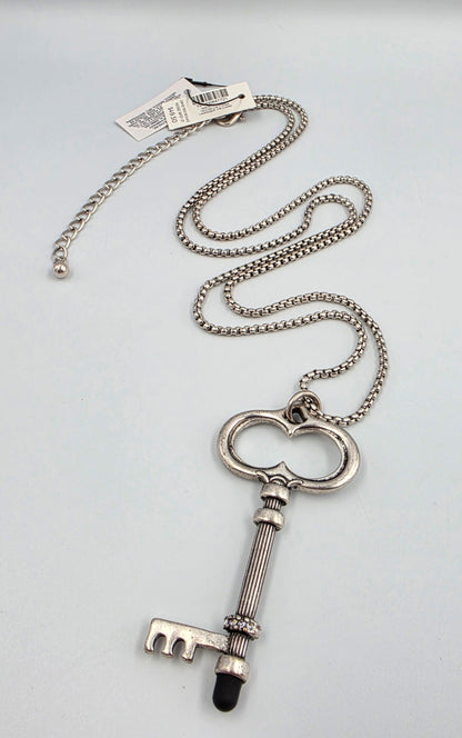 CHICOS Silver Tone 34"-38" Adjustable Clear Rhinestone/Key Necklace