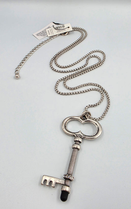 CHICOS Silver Tone 34"-38" Adjustable Clear Rhinestone/Key Necklace