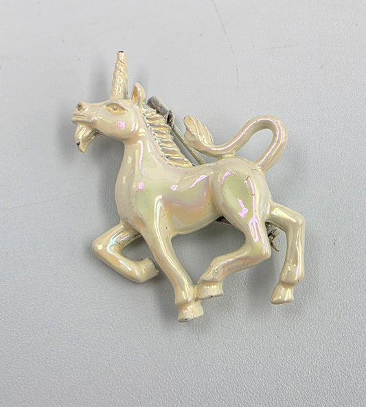 GERRYS Vintage Iridescent White Enamel Unicorn Brooch