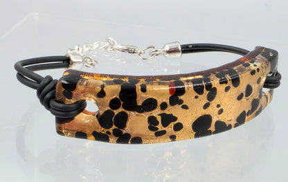 MURANO Glass Leopard Print 6.75"-8" Adjustable/Corded Silver Tone Bracelet