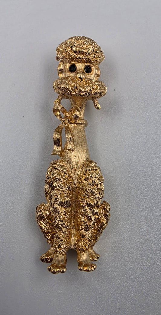 MONET 2.25" Vintage 1960"s-70"s Gold Tone Plated Textured Sitting Poodle With A Detailed Bow And Black Rhinestone Eyes