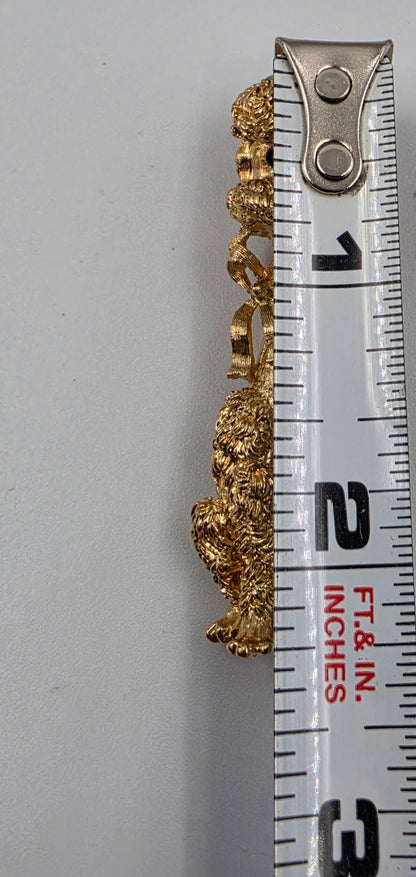 MONET 2.25" Vintage 1960"s-70"s Gold Tone Plated Textured Sitting Poodle With A Detailed Bow And Black Rhinestone Eyes