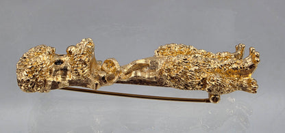 MONET 2.25" Vintage 1960"s-70"s Gold Tone Plated Textured Sitting Poodle With A Detailed Bow And Black Rhinestone Eyes