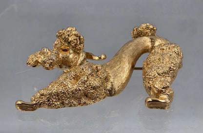 MONET 1.5" Vintage 1960"s-70"s Gold Tone Plated Textured Kneeling Poodle With Red Glass Rhinestone Eyes
