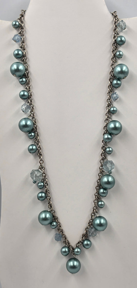 24" Teal Bead/Faceted Square Acrylic Beaded Necklace