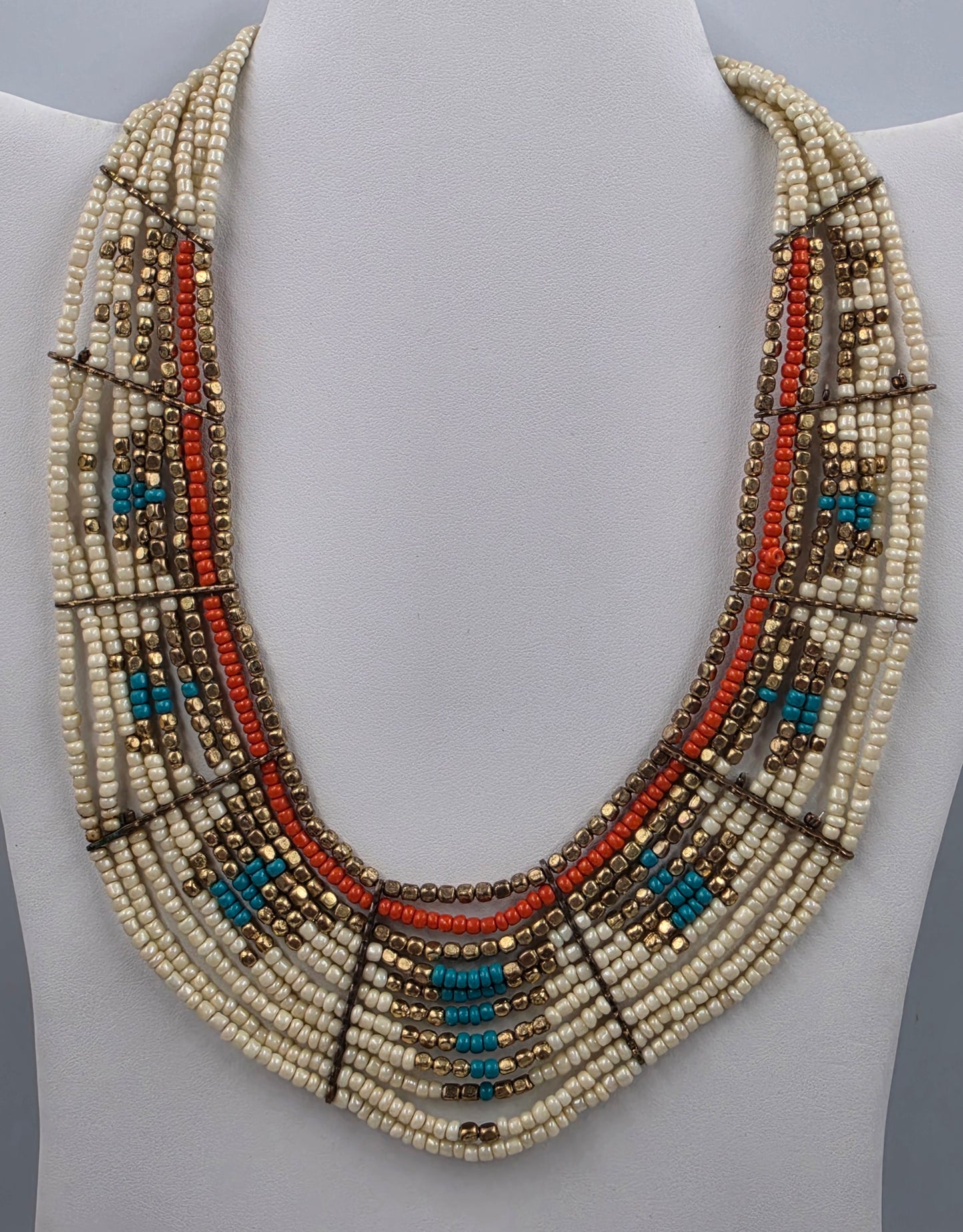 17"-20" Adjustable Turquoise/Gold/Cream/Orange Seed Bead Multi Layer Necklace