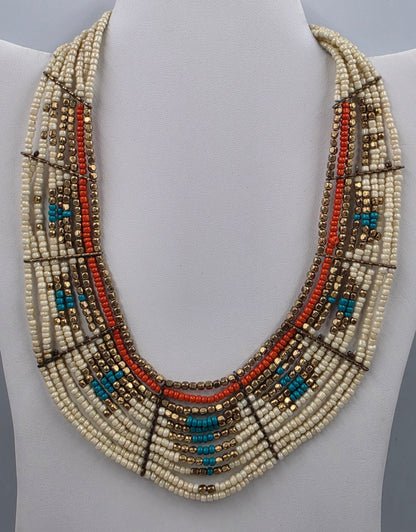 17"-20" Adjustable Turquoise/Gold/Cream/Orange Seed Bead Multi Layer Necklace