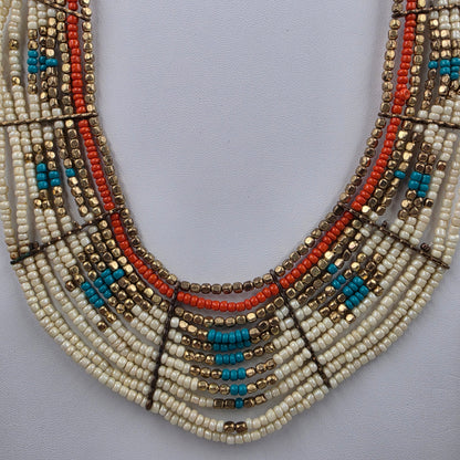 17"-20" Adjustable Turquoise/Gold/Cream/Orange Seed Bead Multi Layer Necklace