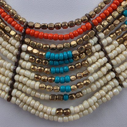 17"-20" Adjustable Turquoise/Gold/Cream/Orange Seed Bead Multi Layer Necklace