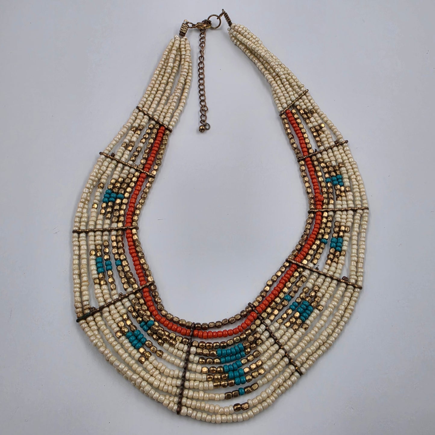 17"-20" Adjustable Turquoise/Gold/Cream/Orange Seed Bead Multi Layer Necklace