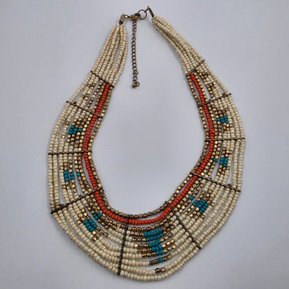 17"-20" Adjustable Turquoise/Gold/Cream/Orange Seed Bead Multi Layer Necklace