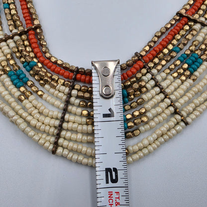 17"-20" Adjustable Turquoise/Gold/Cream/Orange Seed Bead Multi Layer Necklace