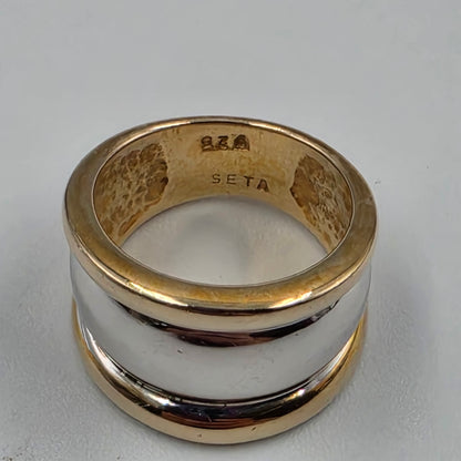 SETA Two Tone Sterling Silver/Gold Accented Wide Band Ring Size 6.25