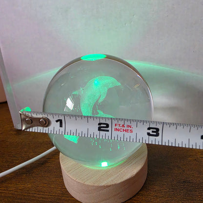 3D Laser Etched Jumping Dolphins Crystal Ball On A Wooden LED Base With Alternating Colors