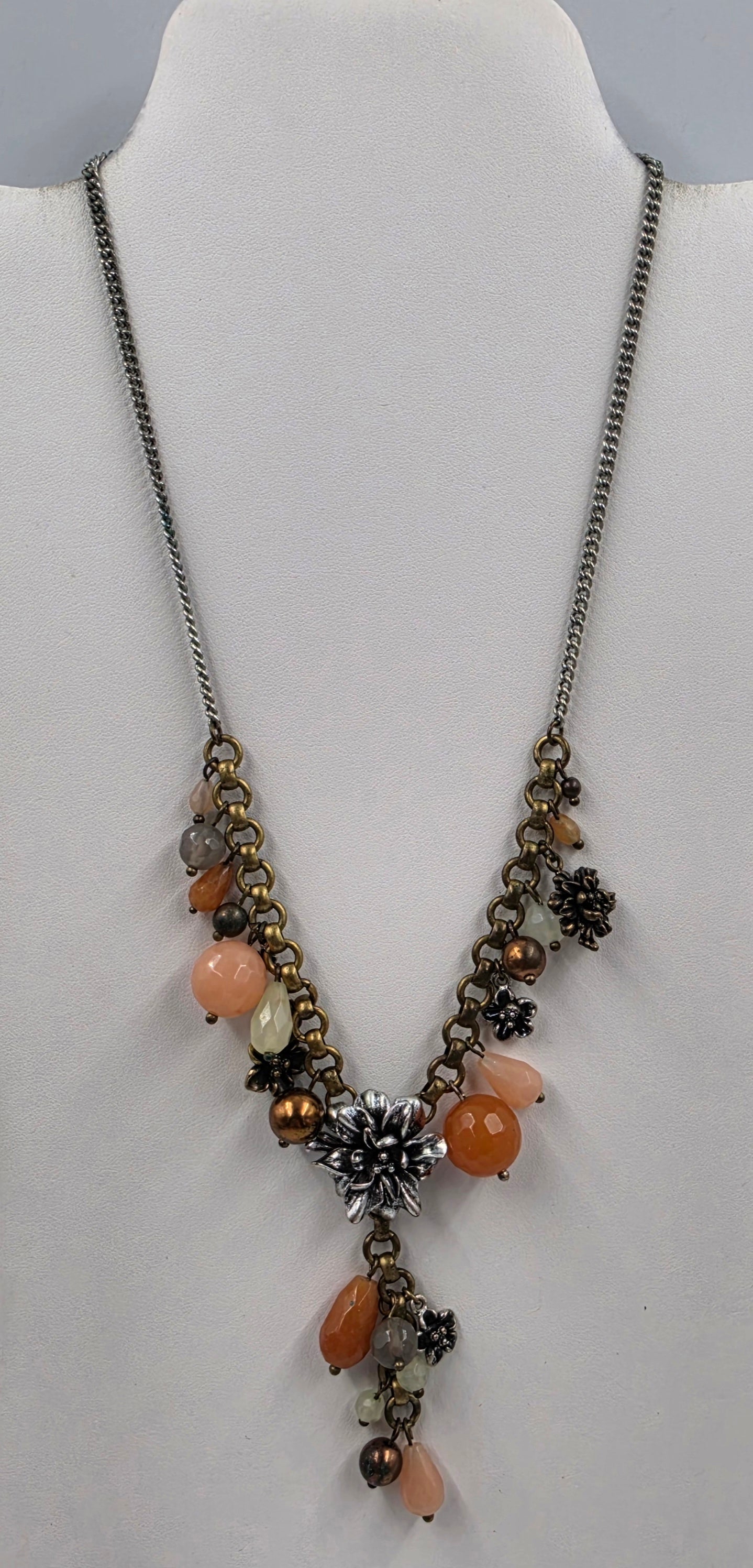FOSSIL 18.5"-20" Silver Tone/Multi Bead / Multi Charm/ Metal Flower Necklace