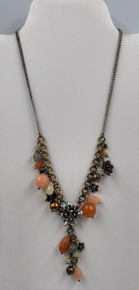 FOSSIL 18.5"-20" Silver Tone/Multi Bead / Multi Charm/ Metal Flower Necklace