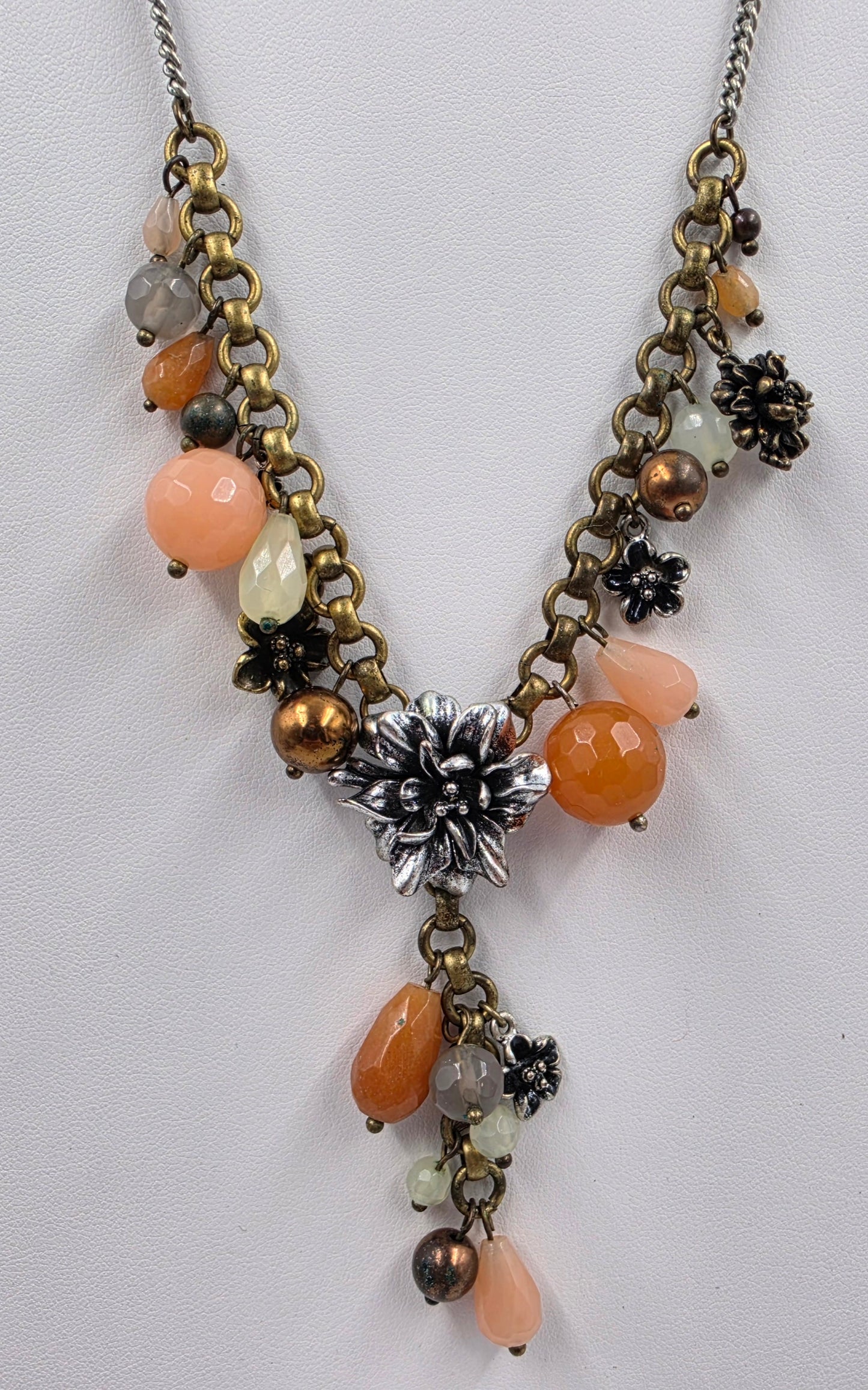 FOSSIL 18.5"-20" Silver Tone/Multi Bead / Multi Charm/ Metal Flower Necklace