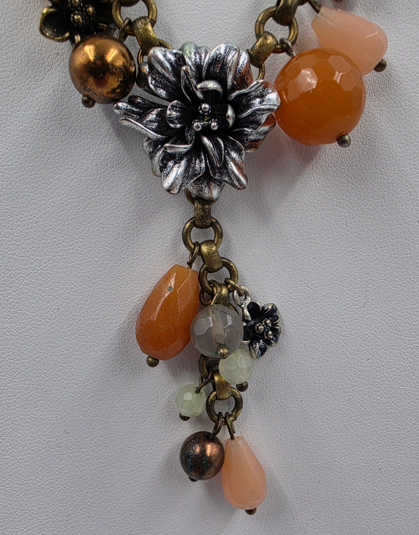FOSSIL 18.5"-20" Silver Tone/Multi Bead / Multi Charm/ Metal Flower Necklace