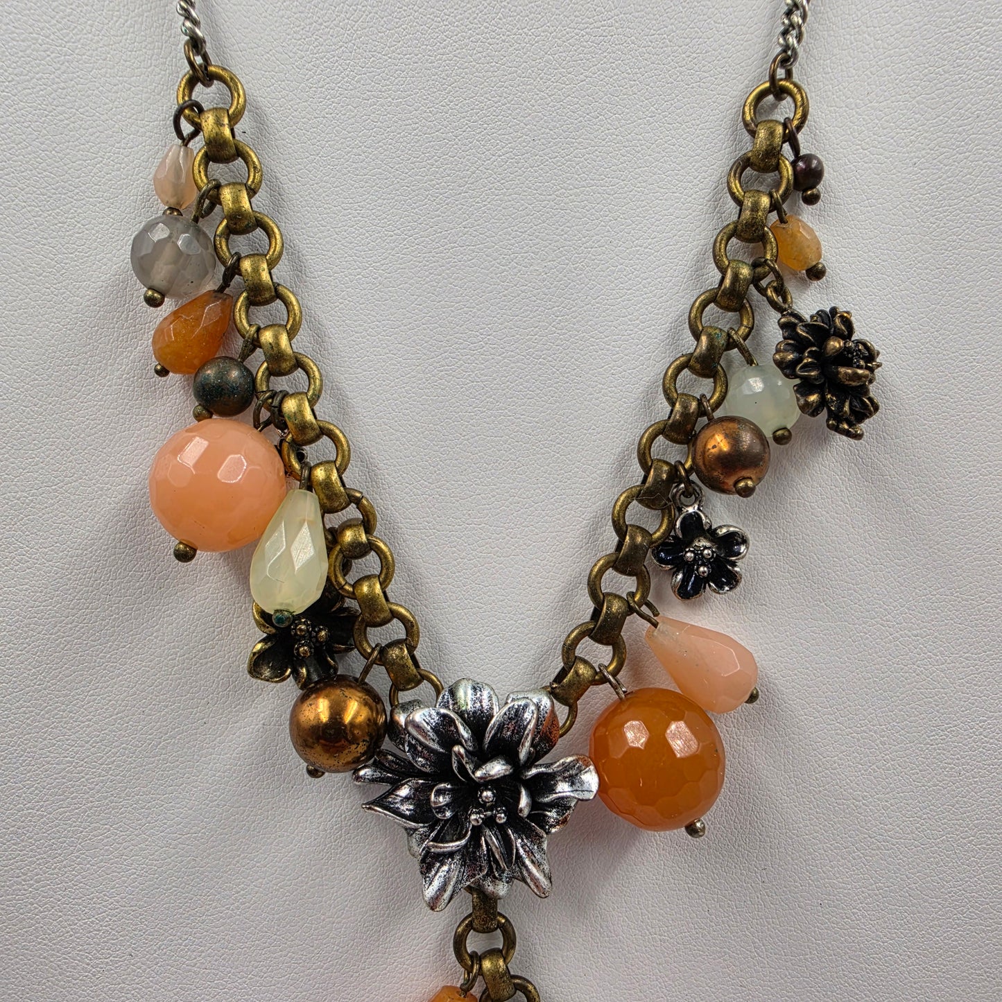 FOSSIL 18.5"-20" Silver Tone/Multi Bead / Multi Charm/ Metal Flower Necklace