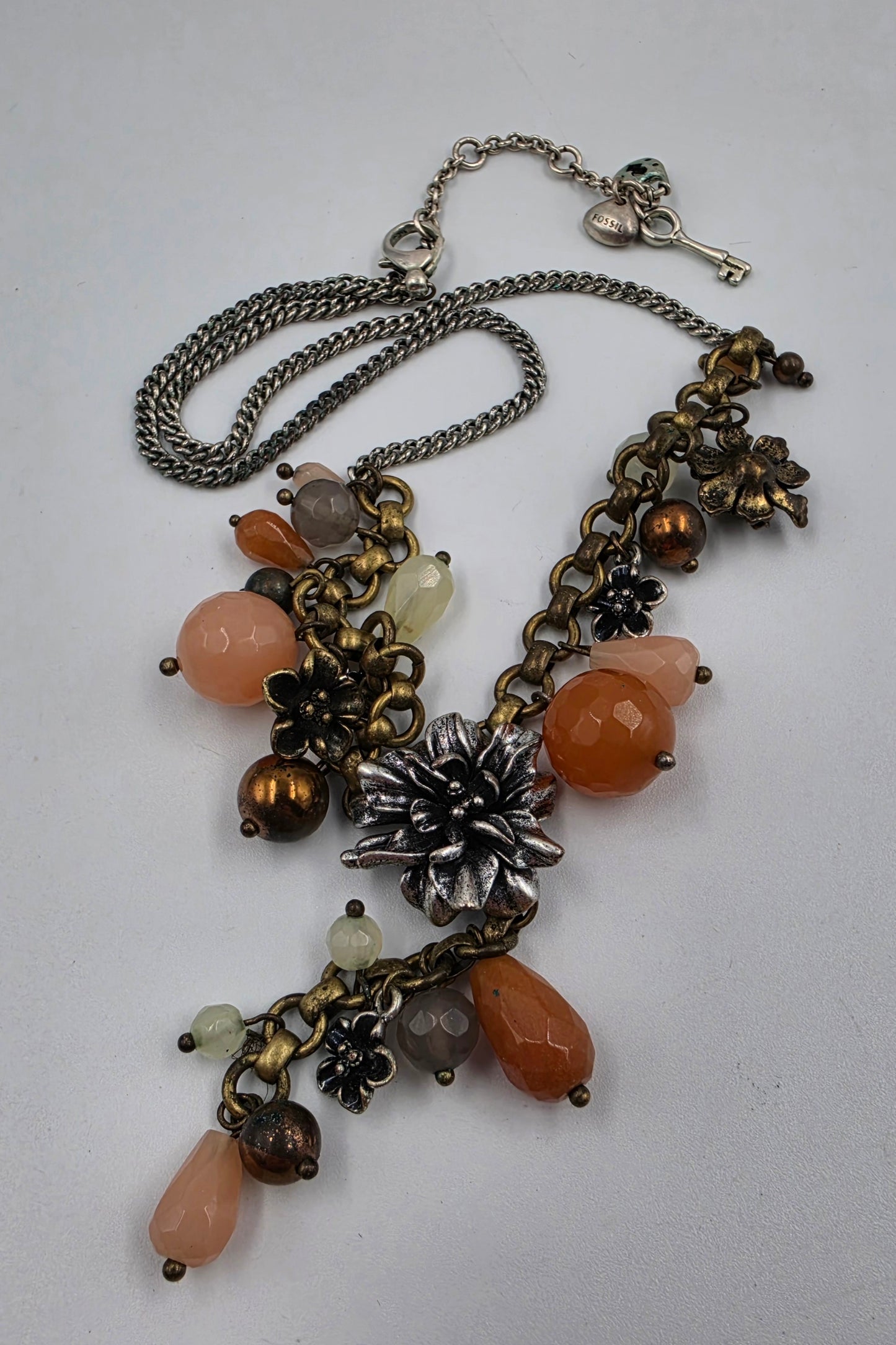 FOSSIL 18.5"-20" Silver Tone/Multi Bead / Multi Charm/ Metal Flower Necklace