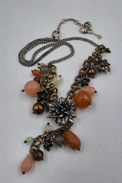 FOSSIL 18.5"-20" Silver Tone/Multi Bead / Multi Charm/ Metal Flower Necklace