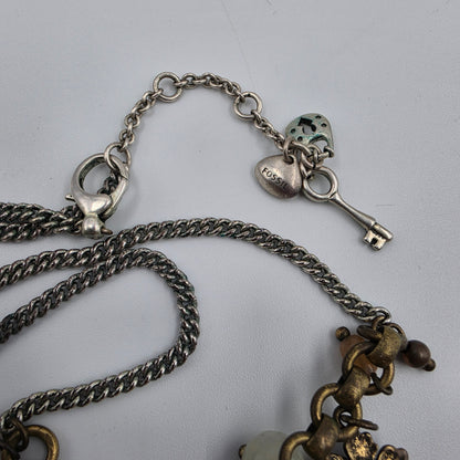 FOSSIL 18.5"-20" Silver Tone/Multi Bead / Multi Charm/ Metal Flower Necklace