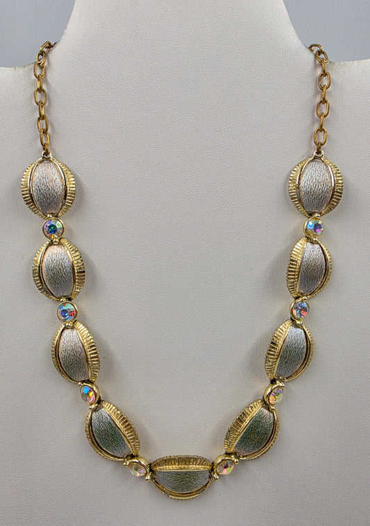 17" Gold Tone/Aurora Borealis Rhinestone Panel Necklace