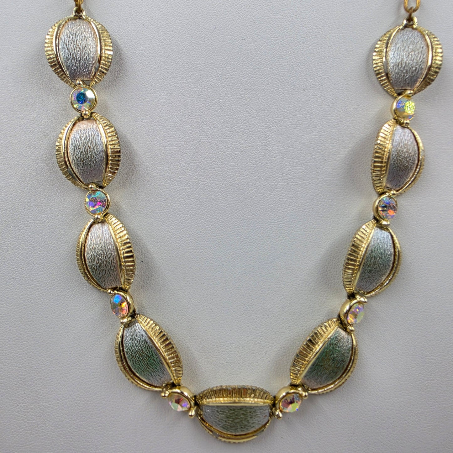 17" Gold Tone/Aurora Borealis Rhinestone Panel Necklace