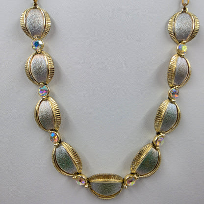 17" Gold Tone/Aurora Borealis Rhinestone Panel Necklace