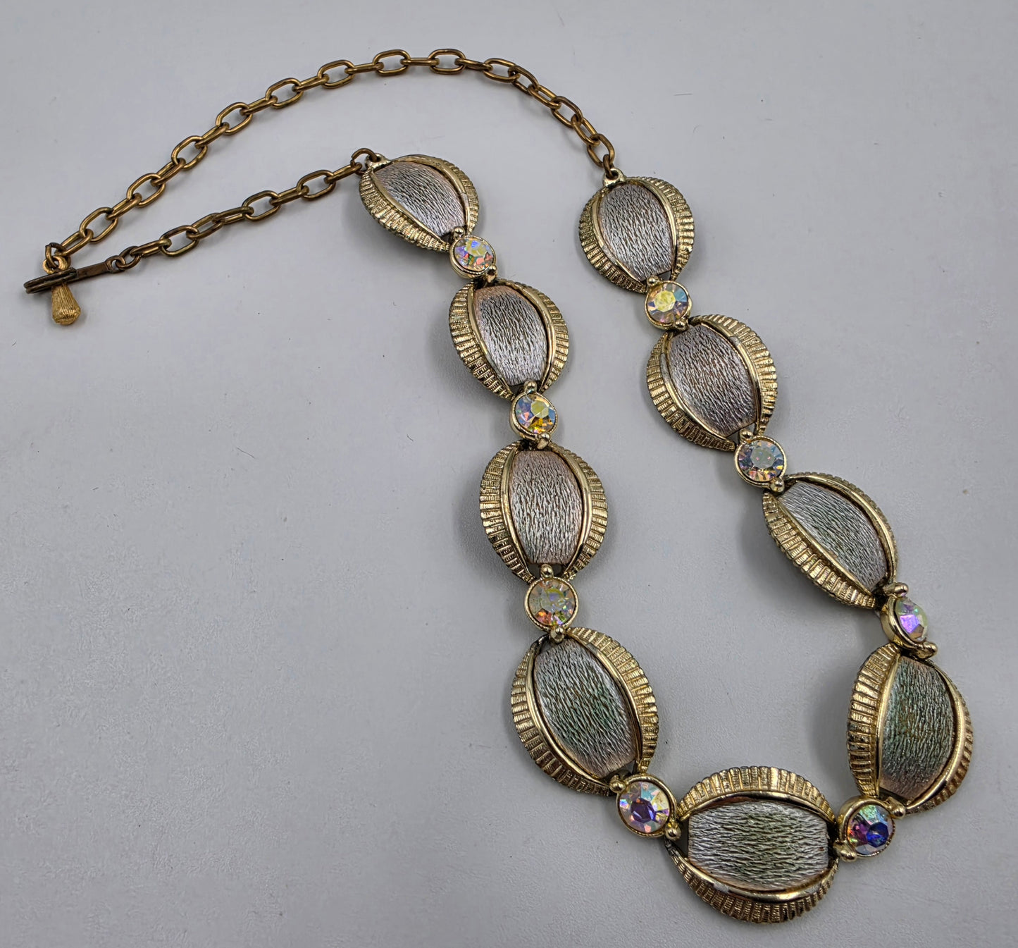 17" Gold Tone/Aurora Borealis Rhinestone Panel Necklace