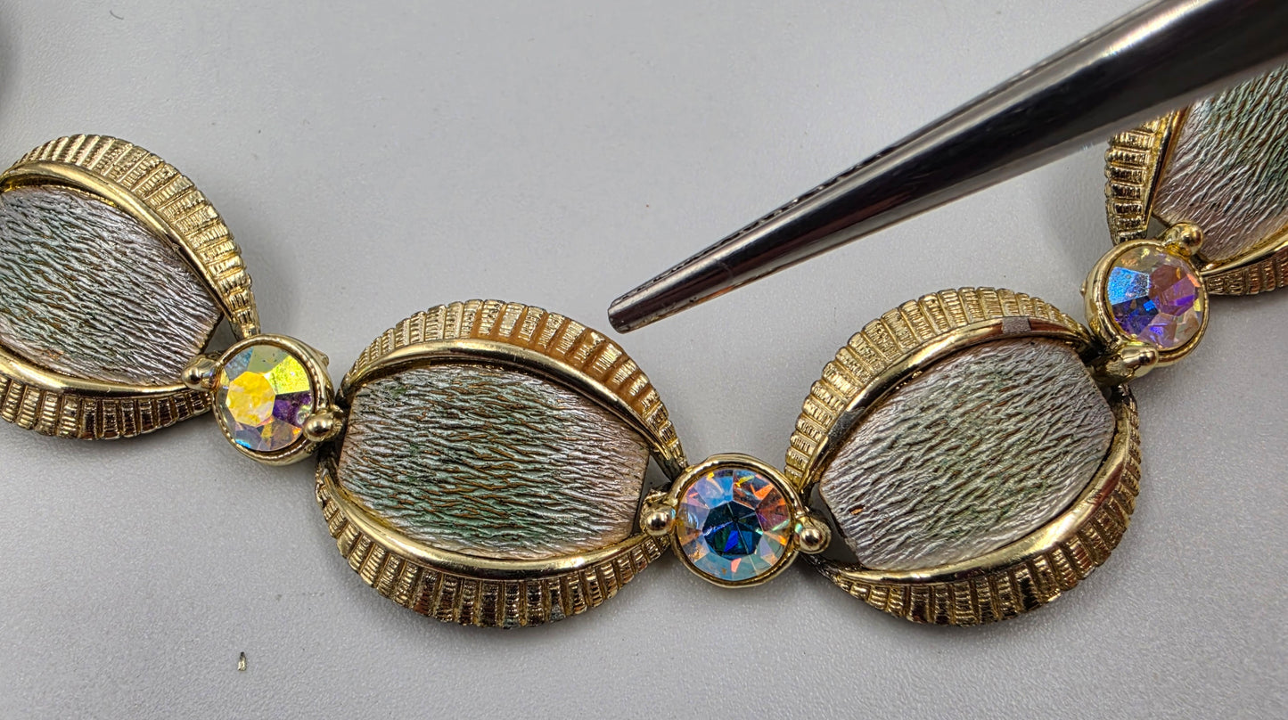 17" Gold Tone/Aurora Borealis Rhinestone Panel Necklace