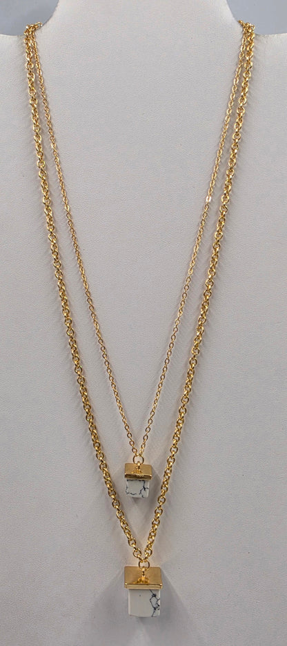 ARTIK LADY 20"-22" Gold Tone/Acrylic White Buffalo Square Stone Double Pendant Necklace