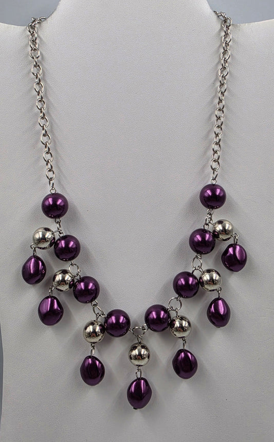 19"-21.5" Purple/Silver Dangle Bead Necklace