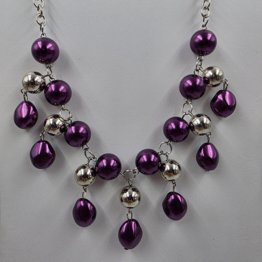 19"-21.5" Purple/Silver Dangle Bead Necklace