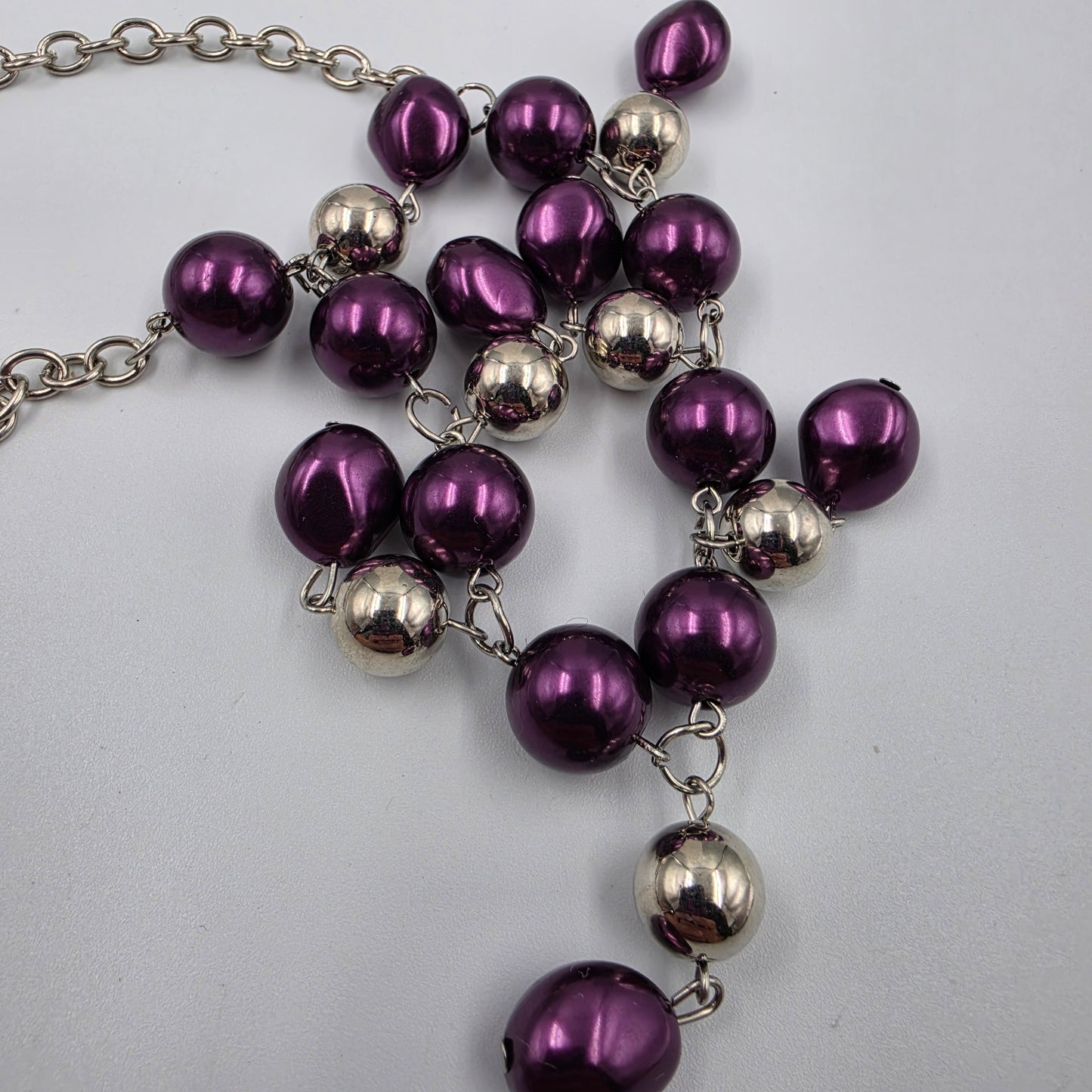 19"-21.5" Purple/Silver Dangle Bead Necklace