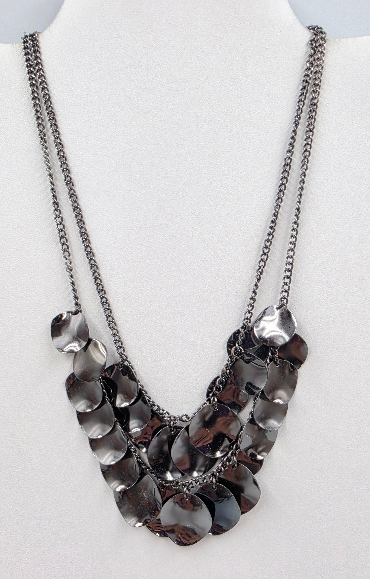 16"-19.5" Gunmetal Gray Disk Dangle Charm Double Layer Necklace