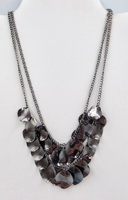 16"-19.5" Gunmetal Gray Disk Dangle Charm Double Layer Necklace