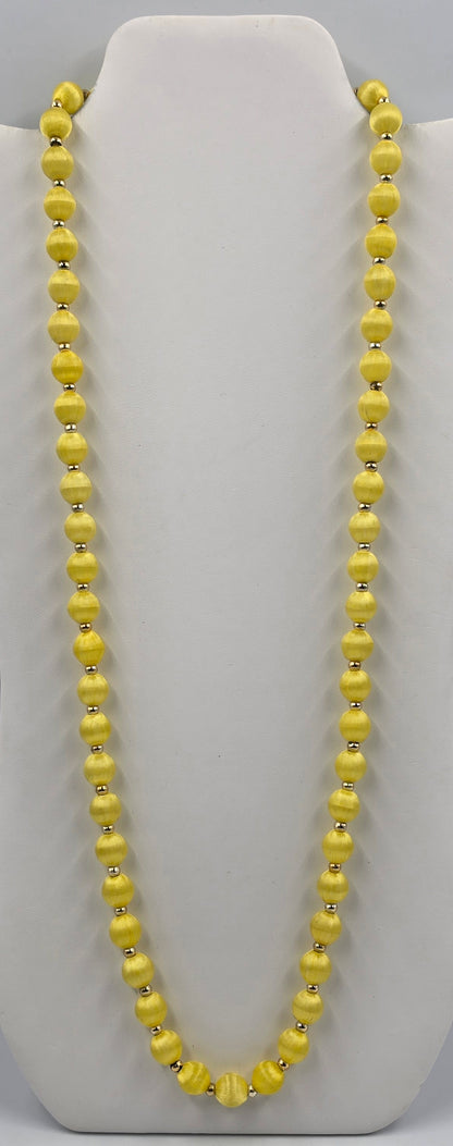 30" Yellow Silk Wrapped Bead Necklace With Gold Tone Spacers