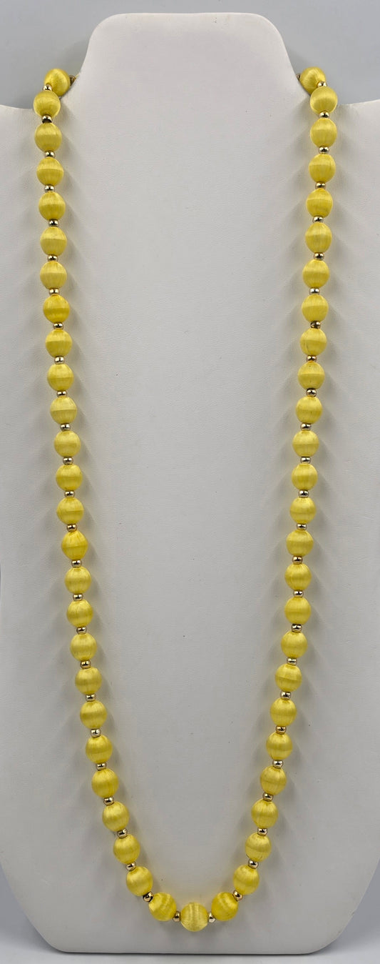 30" Yellow Silk Wrapped Bead Necklace With Gold Tone Spacers